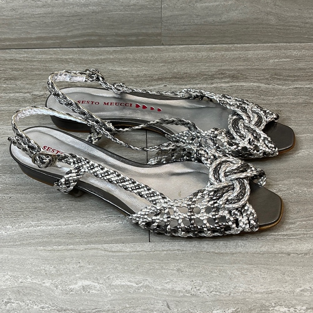Sesto Meucci Silver Braided Rope Leather Sling Back Sandals Womans Size 10